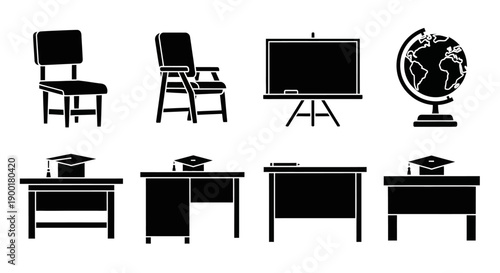Black silhouette icons depicting classroom furniture and academic objects