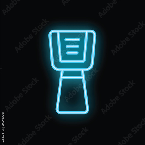 Blue neon sign icon depicting a public phone booth, glowing against a dark background