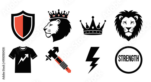 Black and white icons featuring a lion shield crown and various symbols