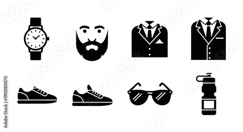 Stylized icons depicting men s fashion accessories and personal items