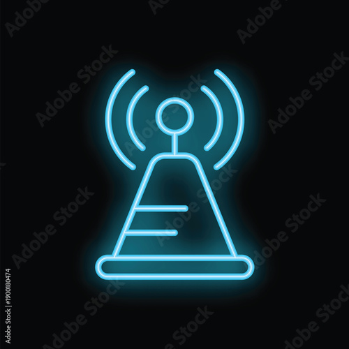 Neon sign representing a wifi router emitting a signal, on a black background, ideal for technology and communication concepts
