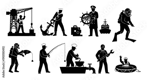 Various maritime professions illustrated in a black silhouette style