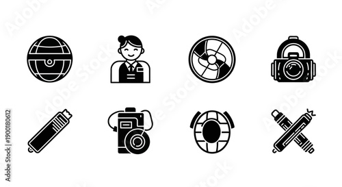 Travel and photography icons in a simple black and white style