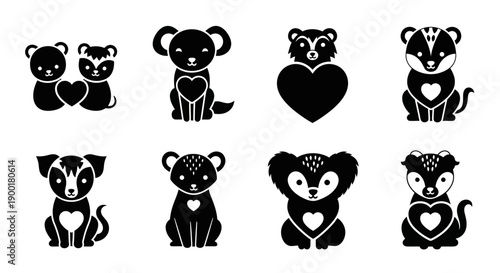 Collection of black and white animal icons featuring hearts
