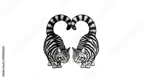 Two striped cats intertwining their tails to form a heart shape