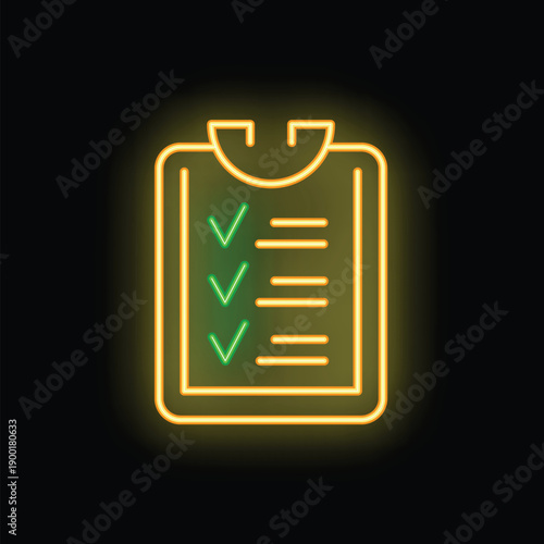 Glowing neon checklist icon with checkmarks, symbolizing completed tasks