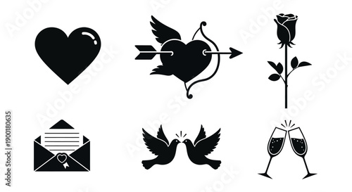 Black silhouettes of love symbols heart rose cupid letter and doves