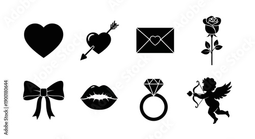 Black silhouette icons depicting love romance and valentine s day themes