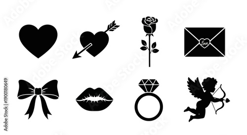 Black silhouettes of romantic symbols hearts rose and cupid s arrow