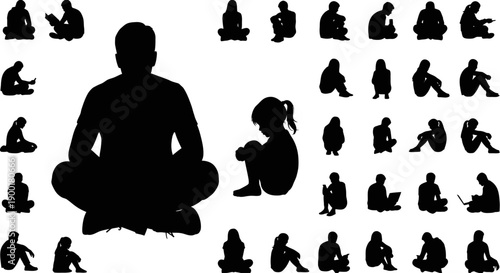 Collection of black silhouettes depicting people in various poses and activities