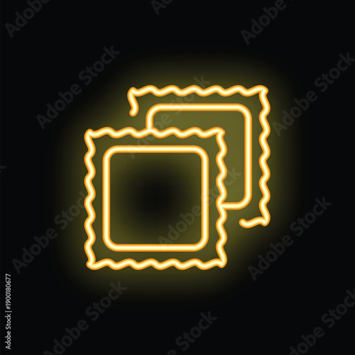 Bright yellow neon sign depicting two ravioli pasta squares, glowing on a black background