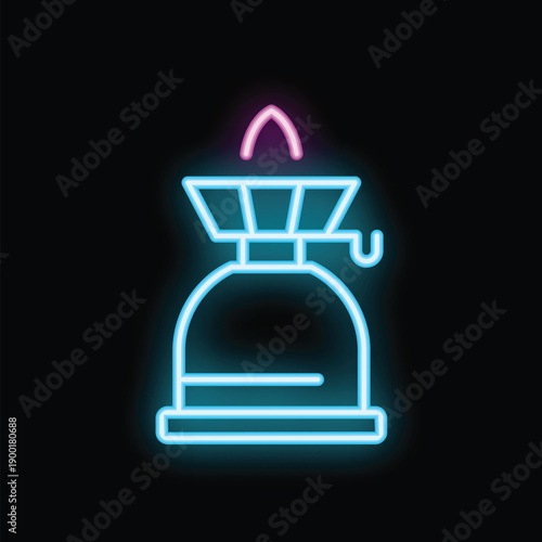 Blue and pink neon sign of coffee dripper brewing fresh coffee beans on black background