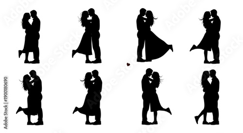 Silhouettes of couples embracing and a playful figure with a flower