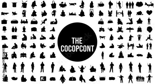 Collection of black silhouettes featuring people animals and objects