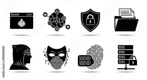 Cybersecurity icons depicting digital protection hacking and data security