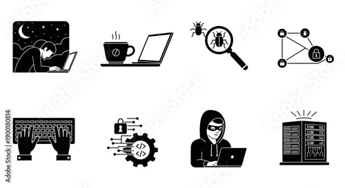 Cybersecurity icons depicting hacking data protection and network security