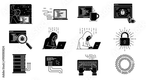 Cybersecurity concepts illustrated with various black icons and a dark theme