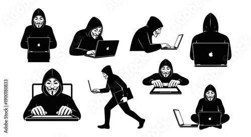 Anonymous figures using laptops in a black and white vector illustration