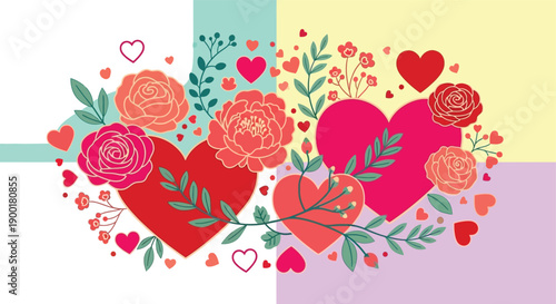 A colorful illustration of hearts and flowers for Valentine's Day or love-themed designs
