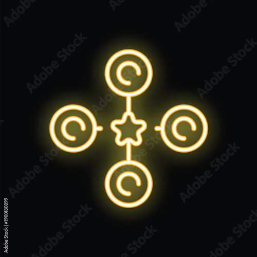 Neon yellow glowing copyright system connecting with star on black background