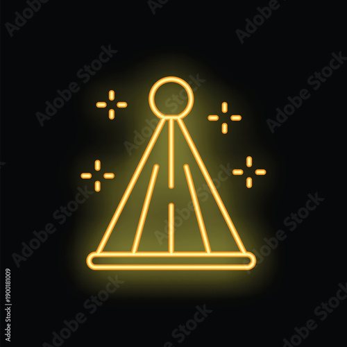 Bright yellow neon party hat glowing on black background, celebrating special occasions with vibrant luminescence