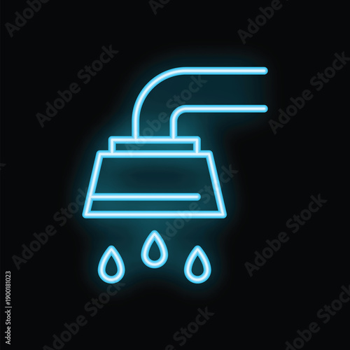 Bright blue neon sign of a shower head pouring water, perfect for bathroom signage