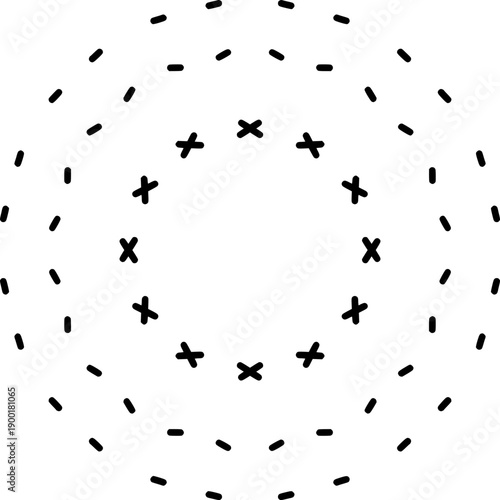 Abstract radial pattern featuring concentric dashed circles and 'x' marks, creating a unique geometric and optical illusion design in black and white