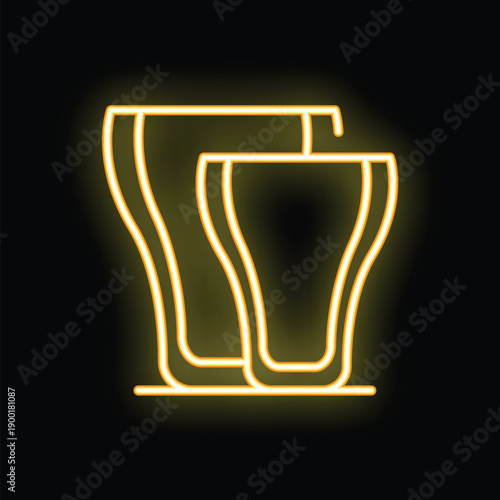 Yellow glowing neon line icon representing two beer glasses, isolated on a black background