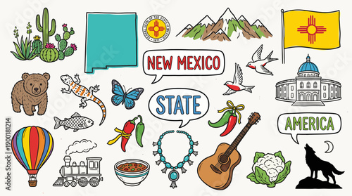 New Mexico State Culture Vector Illustration – Chili Peppers, Capitol, Desert Wildlife, Turquoise, and Heritage Icons for Regional Identity and Travel Design Use