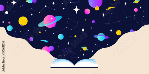 Book, Imagination, Dreams. Cosmos story, space imagination. Open book storybook for children. Online books, digital library storytelling, story store. Best sellers top list. Vector Illustration