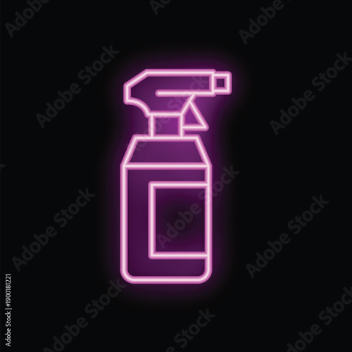 Bright purple neon sign in the shape of a spray bottle, glowing on a dark background