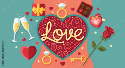 A colorful illustration of love and romance with a heart, gifts, and champagne