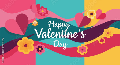 A colorful Valentine's Day graphic with flowers and hearts