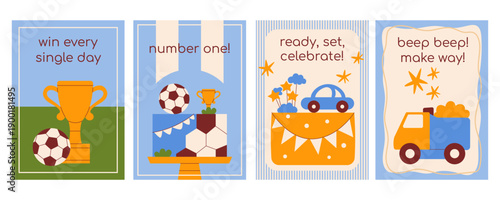 Birthday greeting card collection for boys featuring soccer ball, champion trophy cup, toy car and truck. Modern retro flat vector illustration set for kids party invitations and nursery wall art