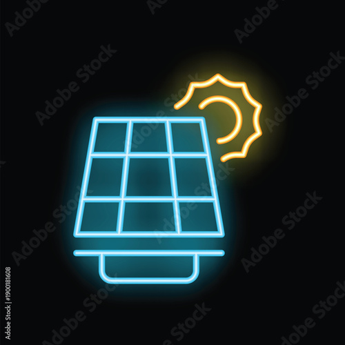 Neon solar panel converting sunlight to electricity, symbolizing renewable energy and sustainable power solutions