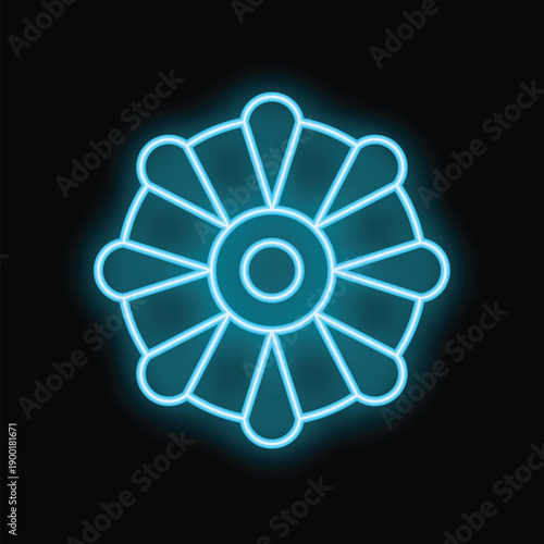 Bright blue neon dharma wheel glowing on a black background, perfect for representing buddhism and its concepts