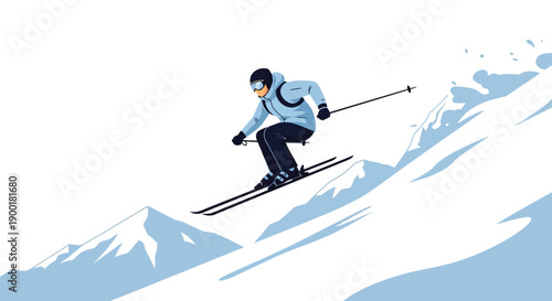 A skier gracefully leaps through the air on a snowy mountain slope