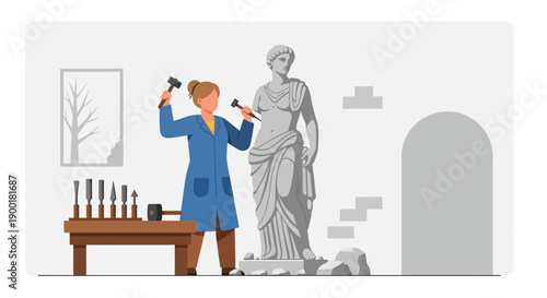 Archaeologist restoring an ancient marble statue in a museum setting