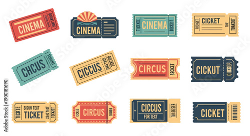 Collection of vintage style cinema and circus tickets on a white background