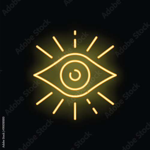 Neon sign of an eye with light beams emanating from it is glowing in the dark