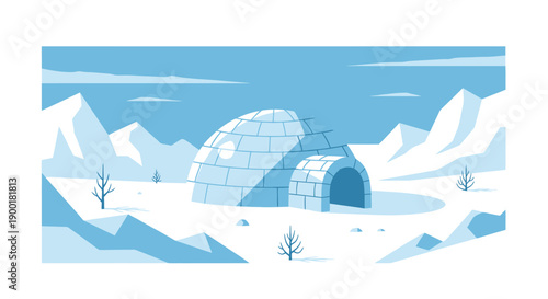 A simple illustration depicts an igloo in a snowy mountainous landscape