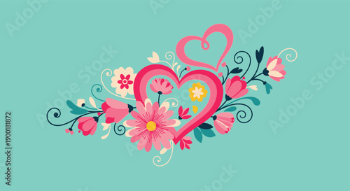 A vibrant floral arrangement featuring pink hearts and flowers on a teal background