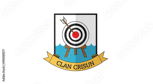A heraldic shield featuring a target pierced by an arrow with a clan motto