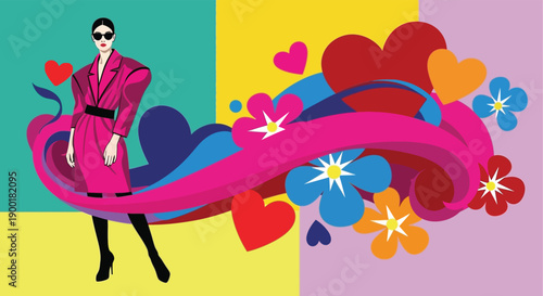 A fashionable woman in a pink coat standing in front of a colorful background with hearts and flowers