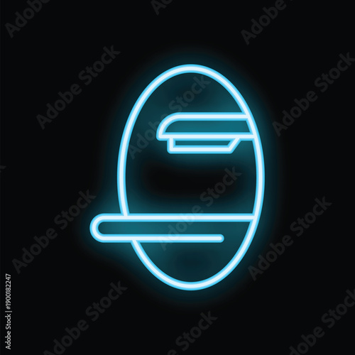 Glowing blue neon icon of a solarium, tanning bed, sunbed on a black background
