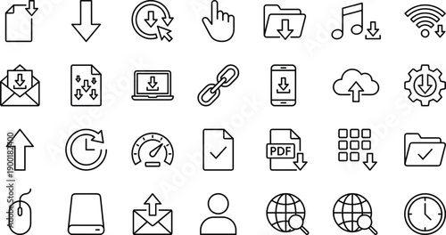 Download and upload icon set, file management symbols, internet tools, digital interface graphics, cloud storage, minimal design, tech navigation