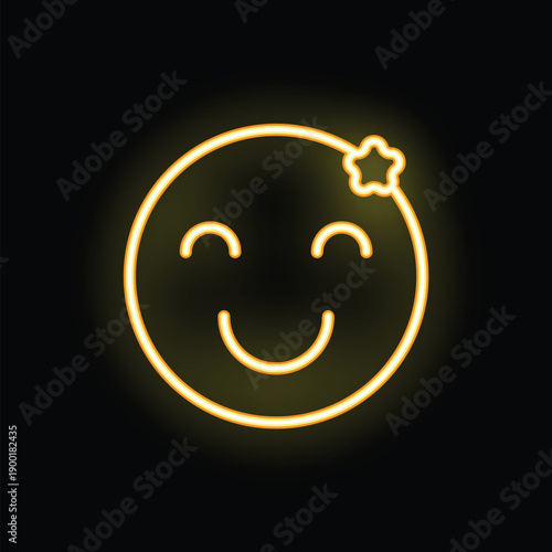 Yellow neon sign of a smiling face with closed eyes and a flower, on a black background