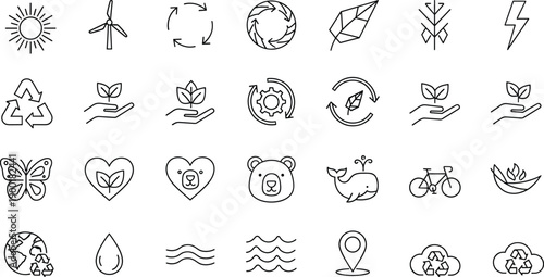 Eco icons, sustainability symbols, green energy, recycling signs, nature protection, climate awareness, renewable resources, environmental care, wildlife conservation, clean water
