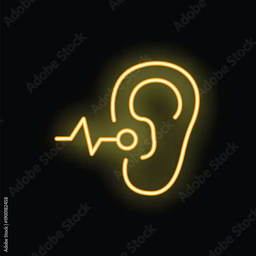 Yellow neon icon of an ear receiving a sound wave, representing the concept of hearing