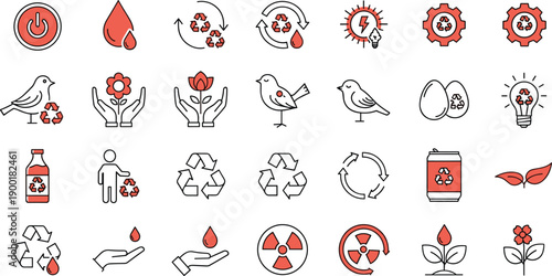 Eco icons, sustainability symbols, recycling vector set, environmental awareness graphics, green energy illustrations, editable nature clipart, conservation design elements